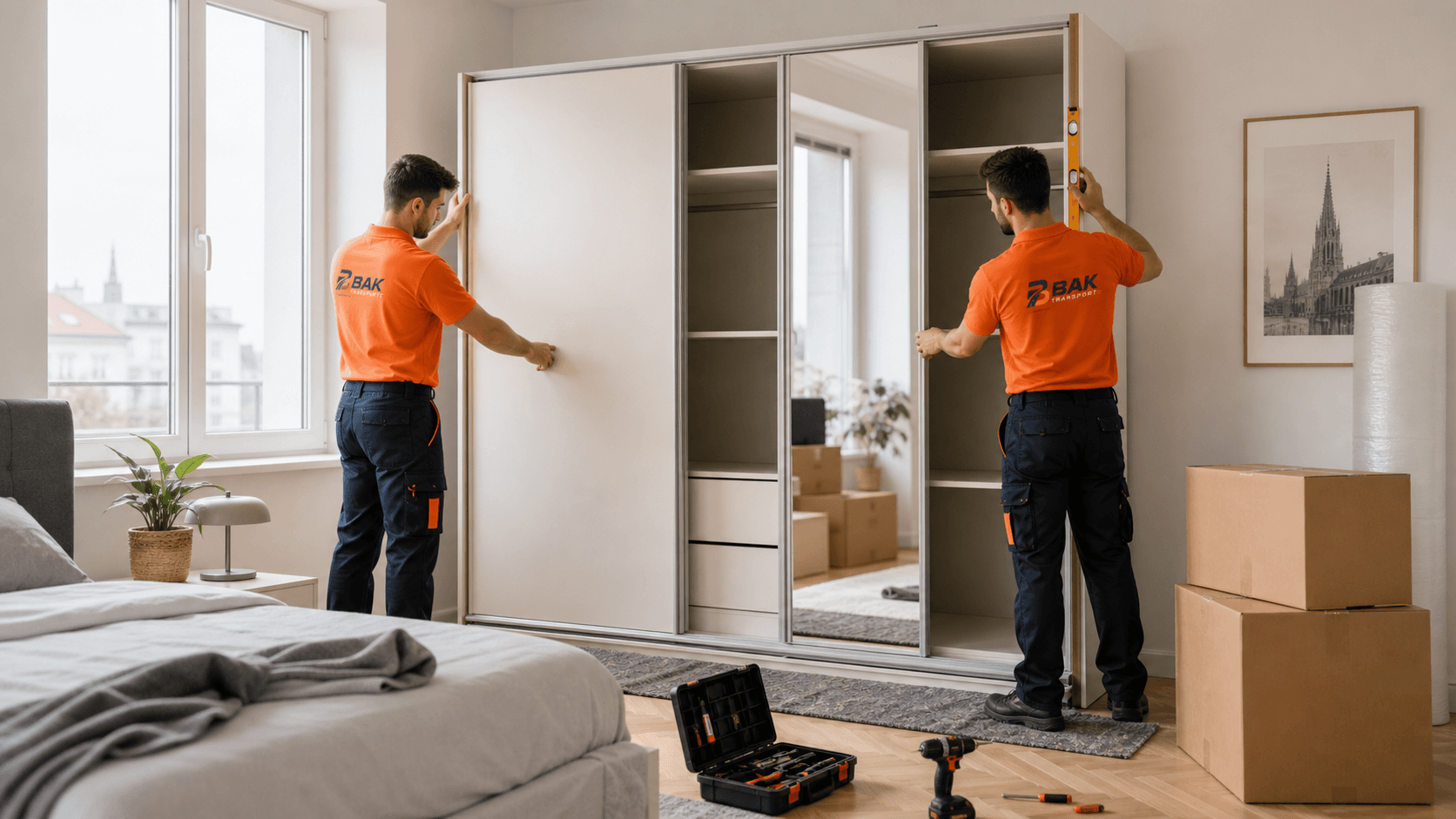 Montierter Kleiderschrank mit offenen Türen und Inneneinteilung.