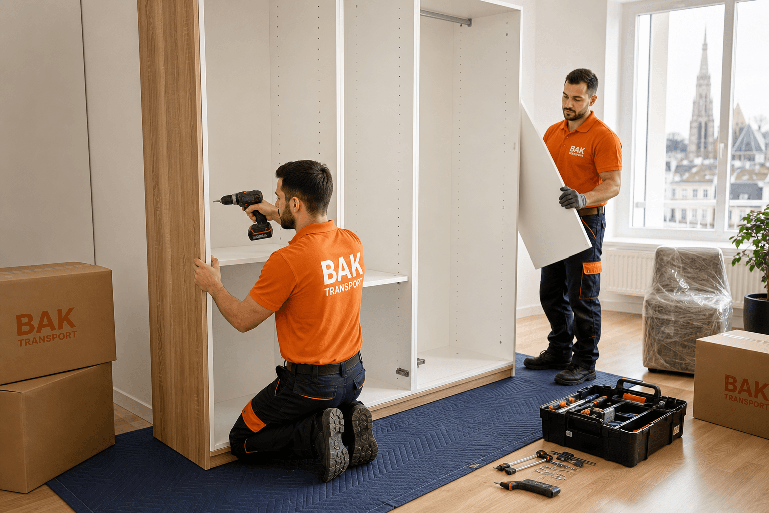 Monteur baut in einer Wiener Wohnung einen Kleiderschrank zusammen.